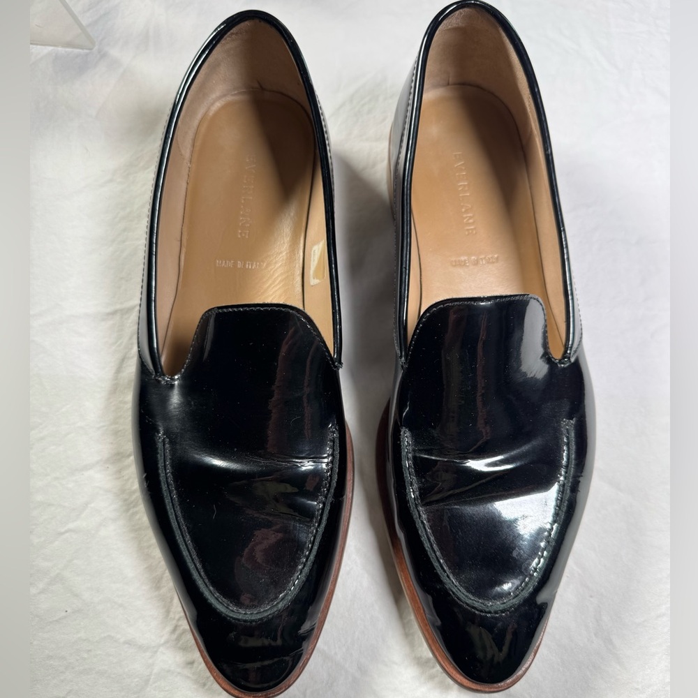 Everlane Loafers Sz 10.5 Black Patent The Modern Leather Italian Slip On Almond